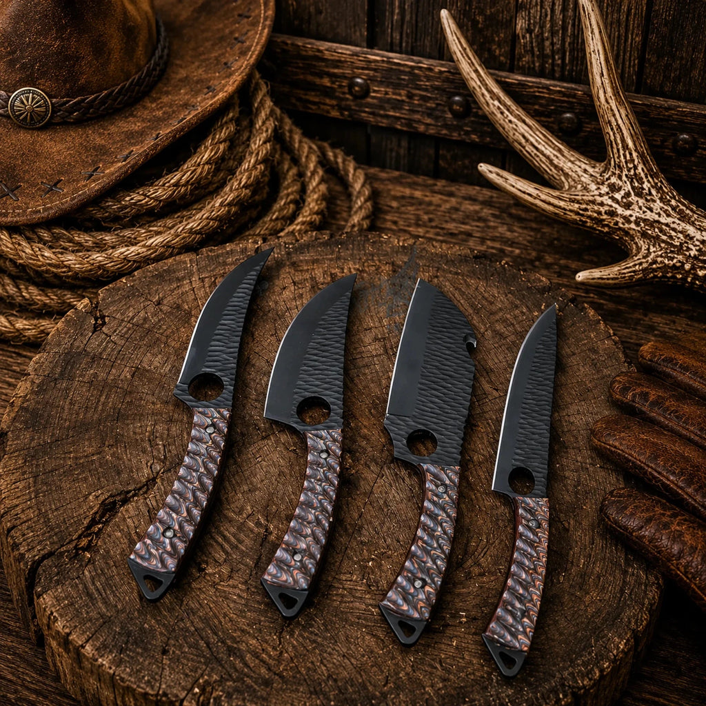 Outdoor Kitchen Knife Set – Hand Forged D2 Steel Powder Coated Blades & Jigged Wood Handles - SHAM KNIVESkitchen knifesSHAM KNIVESProfessional D2 steel kitchen knife collection for camping and outdoor cooking.