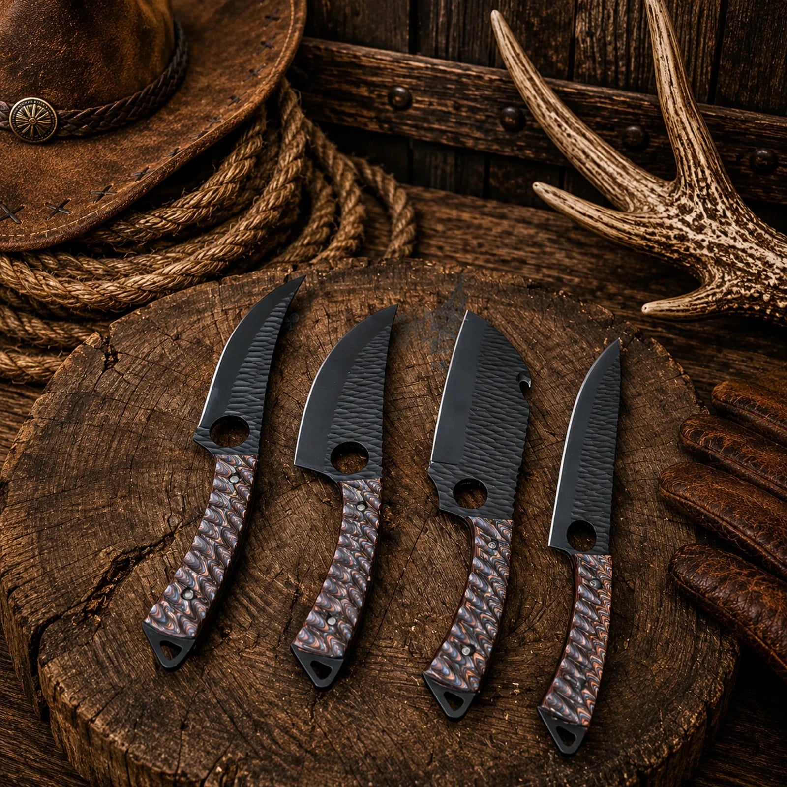 Outdoor Kitchen Knife Set – Hand Forged D2 Steel Powder Coated Blades & Jigged Wood Handles - SHAM KNIVESkitchen knifesSHAM KNIVESProfessional D2 steel kitchen knife collection for camping and outdoor cooking.
