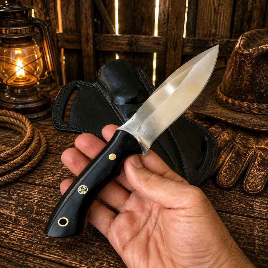 Forged steel outdoor knife with premium leather belt sheath