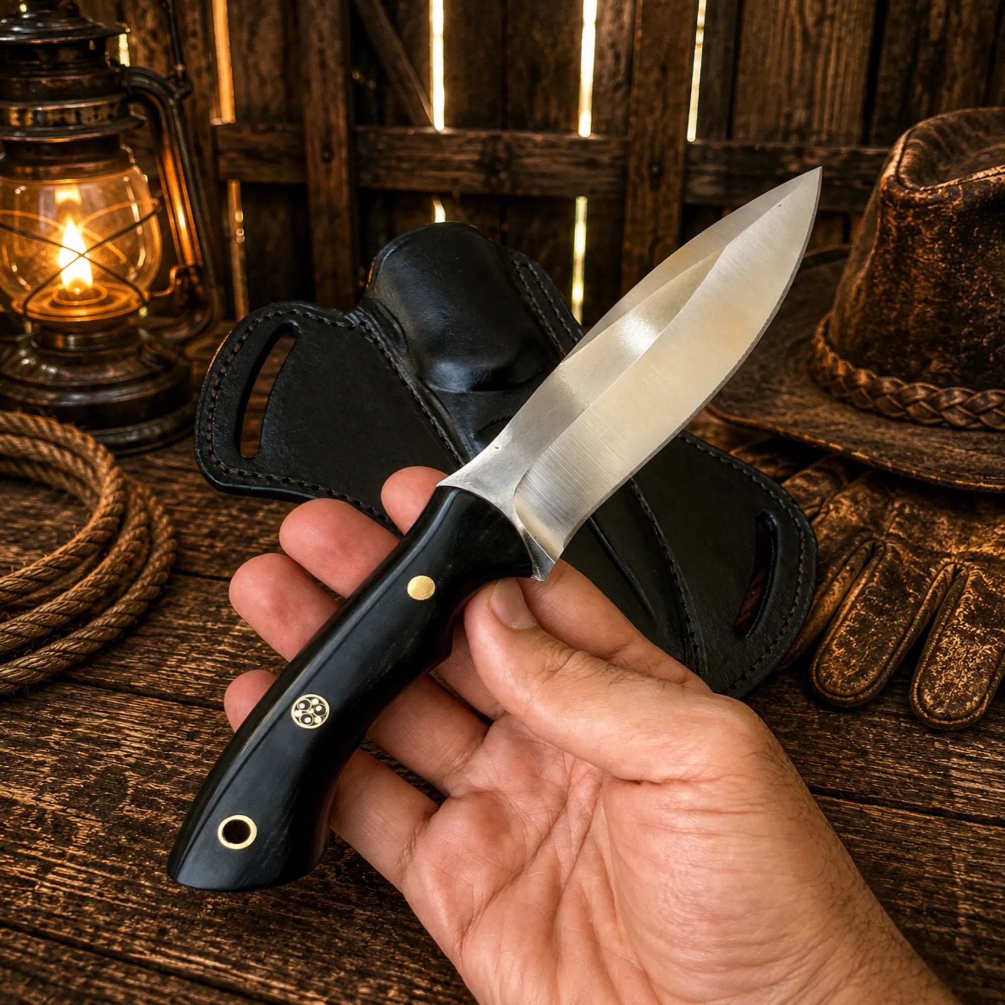 Forged steel outdoor knife with premium leather belt sheath