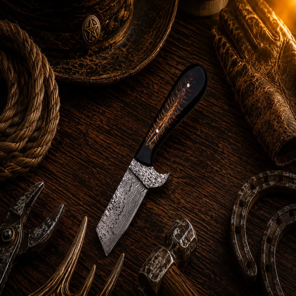 Outlaw Ranch Bull Cutter Knife with handmade Damascus steel blade and pinecone handle.