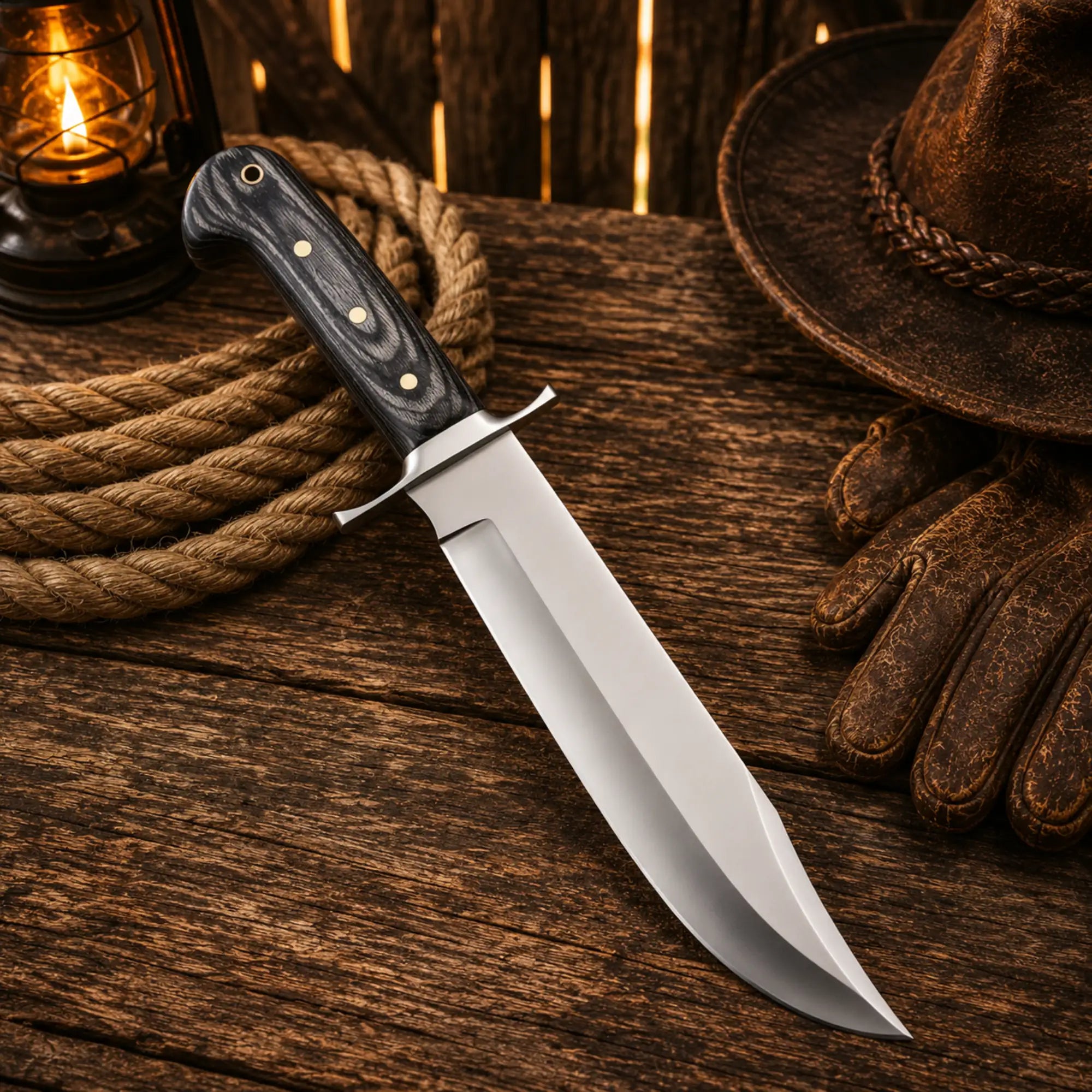 Premium western hunting knife with leather sheath for camping and outdoor use