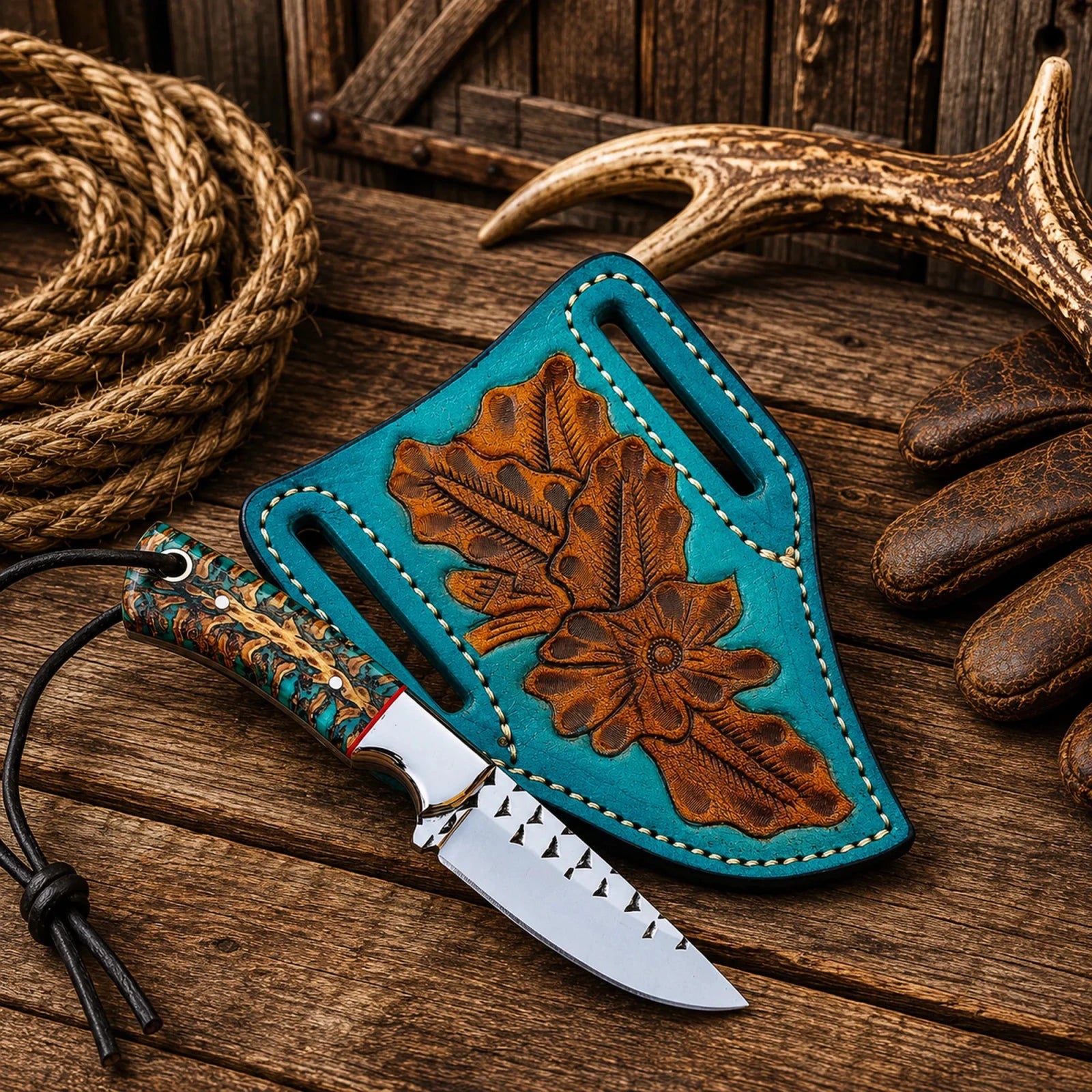 Pancake Leg Sheath Cowboy Field Knife – Rasp Steel Blade & Turquoise Pinecone Handle - SHAM KNIVESCowboy KnifeSHAM KNIVESWestern fixed blade hunting knife with turquoise pinecone resin handle.
