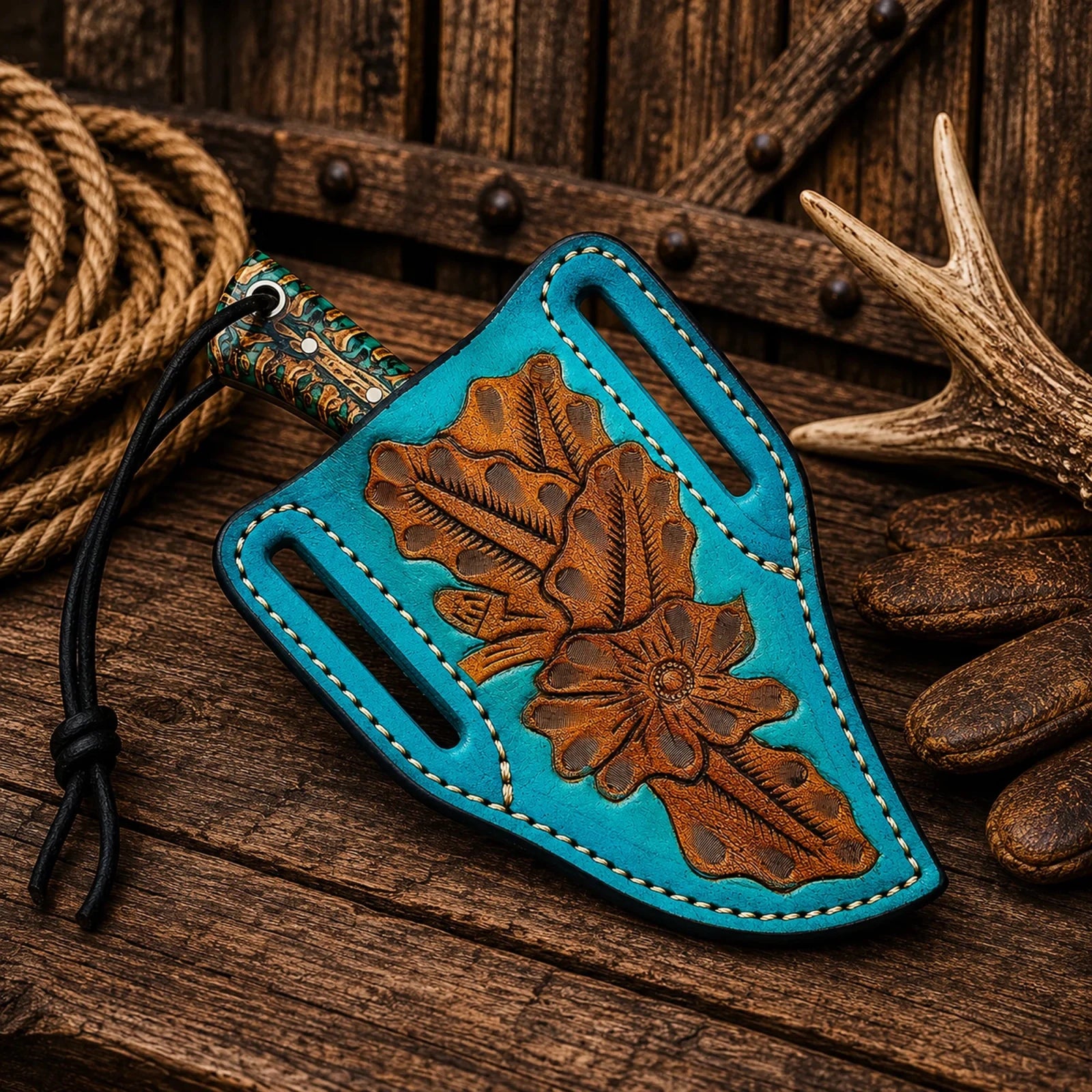 Pancake Leg Sheath Cowboy Field Knife – Rasp Steel Blade & Turquoise Pinecone Handle - SHAM KNIVESCowboy KnifeSHAM KNIVESShamKnives handcrafted Western ranch field knife.