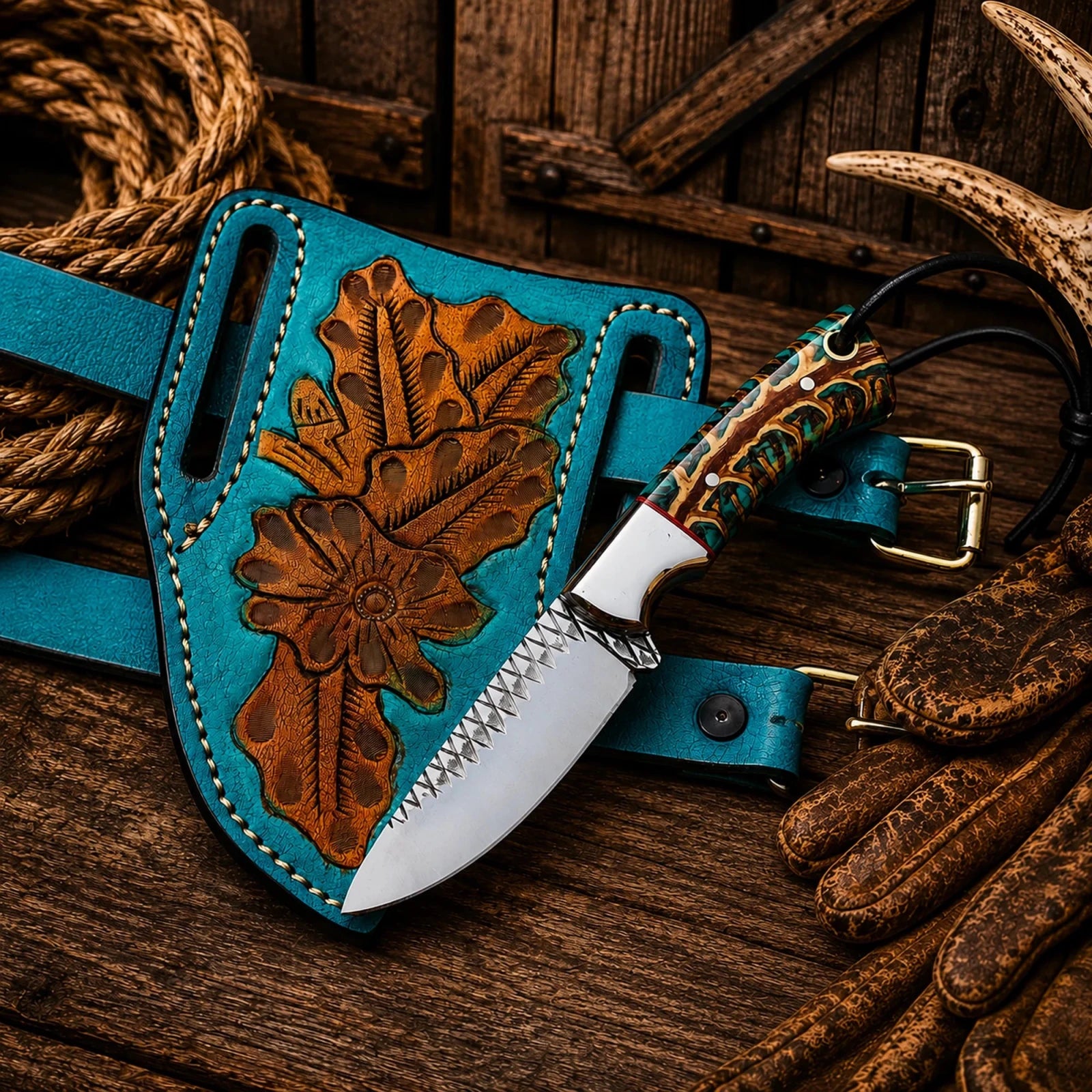 Pancake Leg Sheath Cowboy Field Knife – Rasp Steel Blade & Turquoise Pinecone Handle - SHAM KNIVESCowboy KnifeSHAM KNIVESHandmade pancake leg sheath cowboy field knife with rasp steel blade and turquoise pinecone handle.