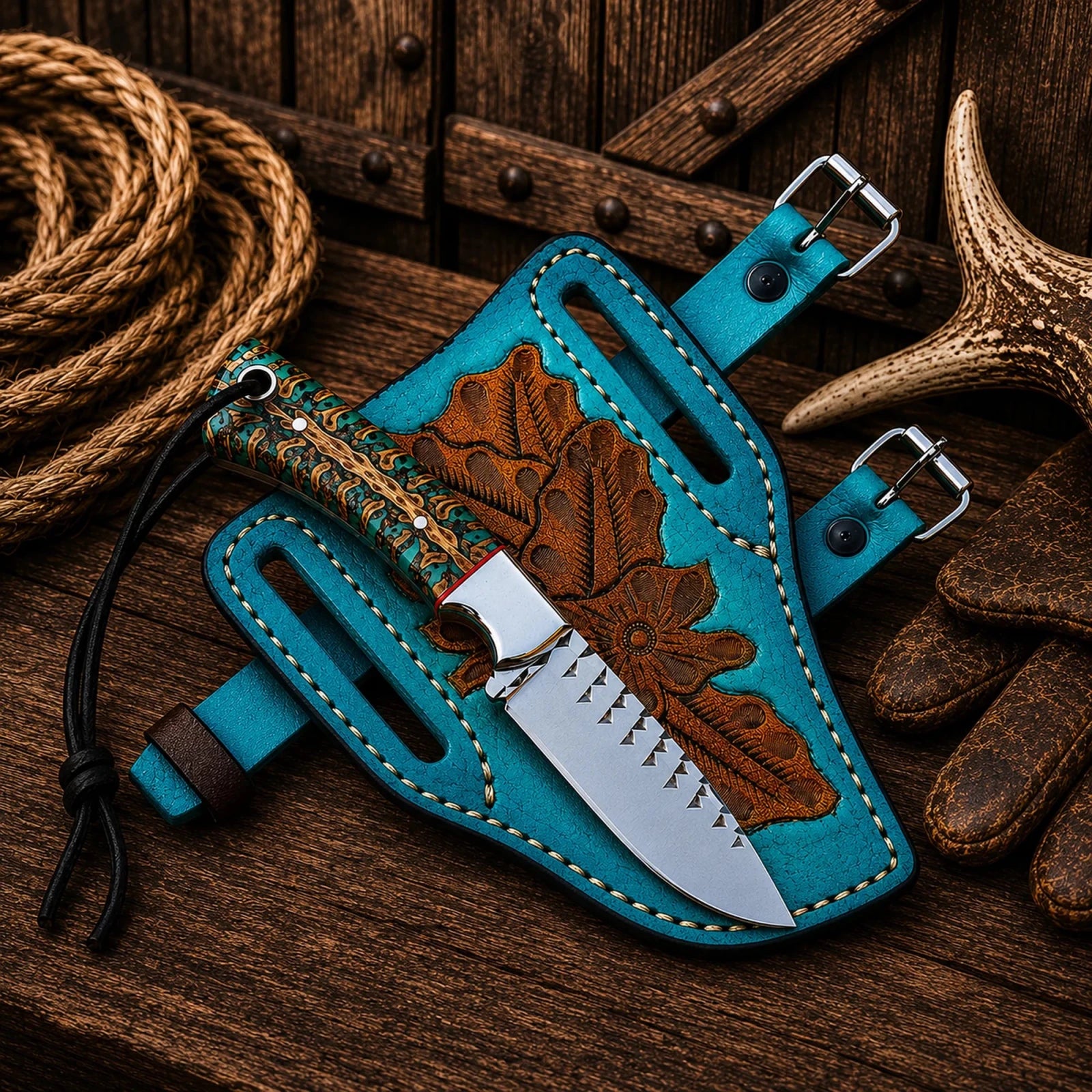 Pancake Leg Sheath Cowboy Field Knife – Rasp Steel Blade & Turquoise Pinecone Handle - SHAM KNIVESCowboy KnifeSHAM KNIVESHandmade cowboy knife with handcrafted leather pancake leg sheath.