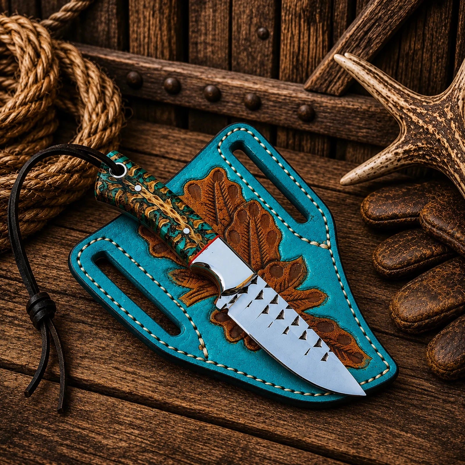 Pancake Leg Sheath Cowboy Field Knife – Rasp Steel Blade & Turquoise Pinecone Handle - SHAM KNIVESCowboy KnifeSHAM KNIVESFull tang rasp steel field knife for hunting and camping.