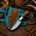 Handmade pancake leg sheath cowboy field knife with rasp steel blade and turquoise pinecone handle.