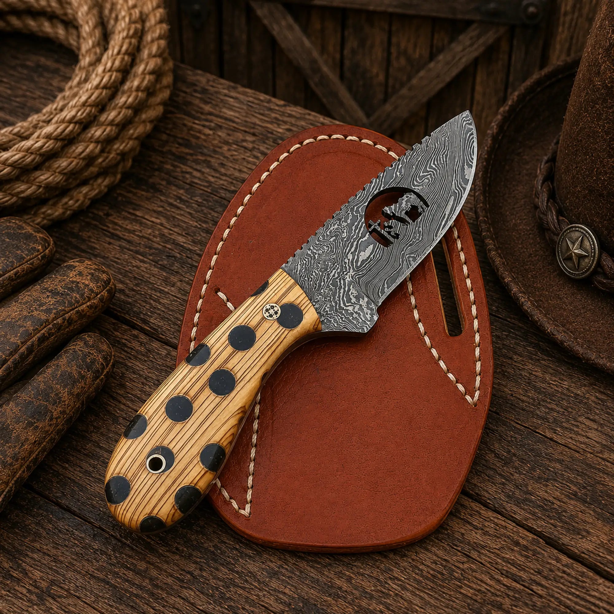 Handmade Damascus EDC knife featuring a Cholla Cactus handle and pancake leather sheath.