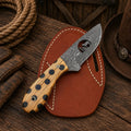 Pancake Sheath EDC Knife – Damascus Blade Cholla Cactus Handle - SHAM KNIVESCowboy KnifeSHAM KNIVESHandmade Damascus EDC knife featuring a Cholla Cactus handle and pancake leather sheath.