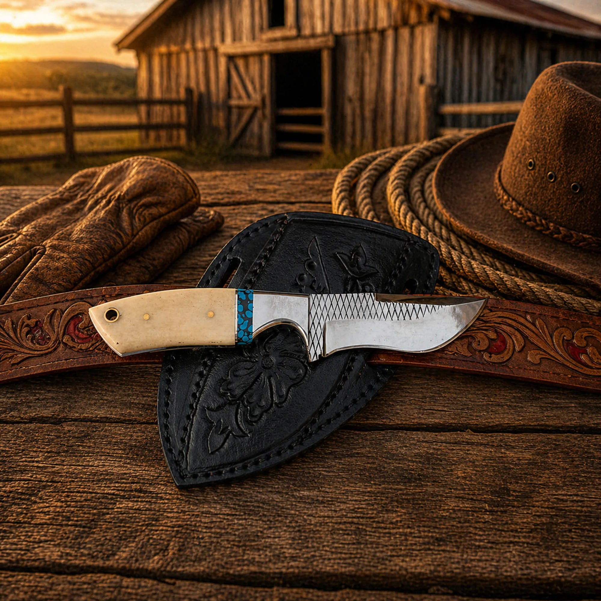 Pancake sheath knife with bone and turquoise handle on leather belt