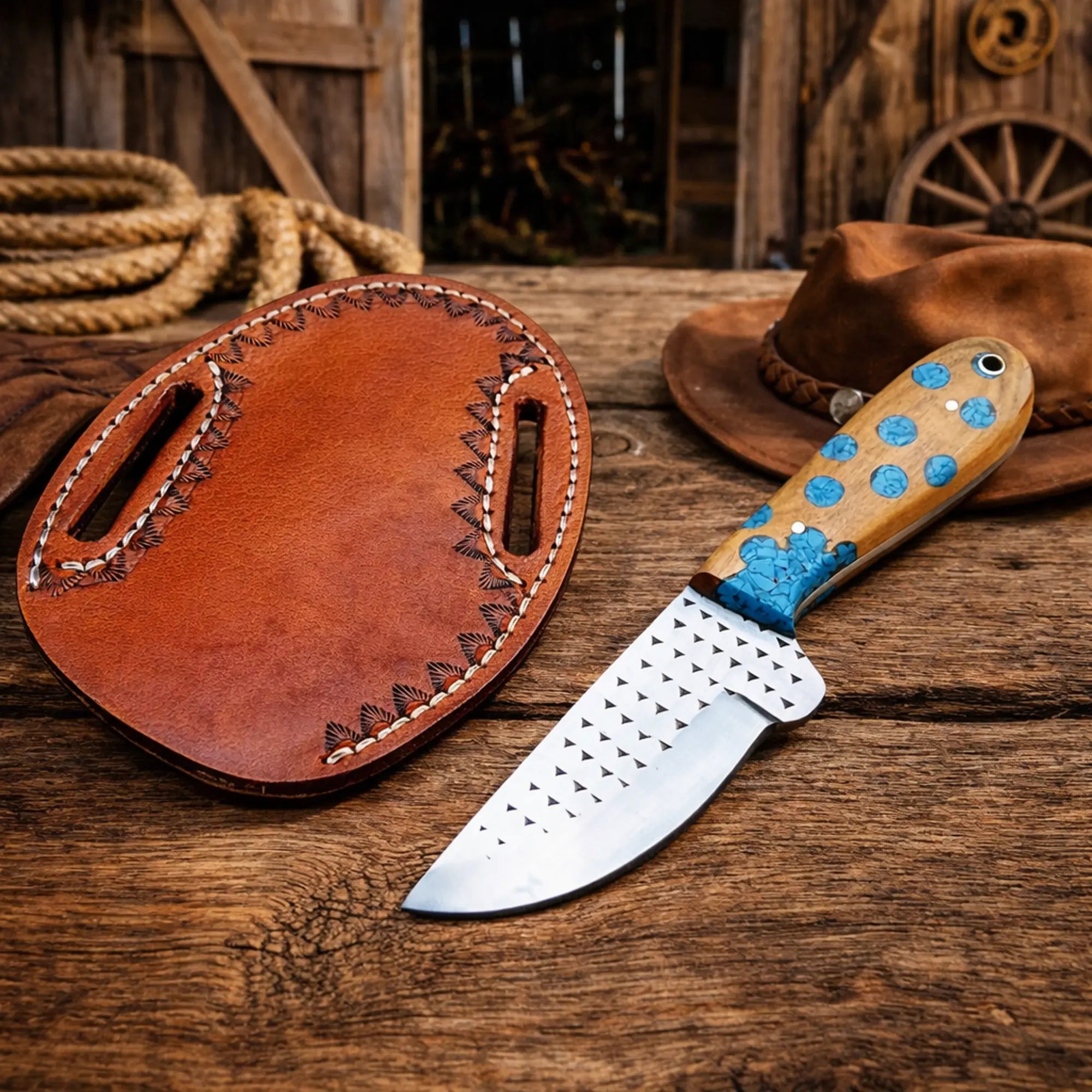 Pancake sheath knife with 3.75 inch rasp steel blade and cactus turquoise handle on rustic wooden table