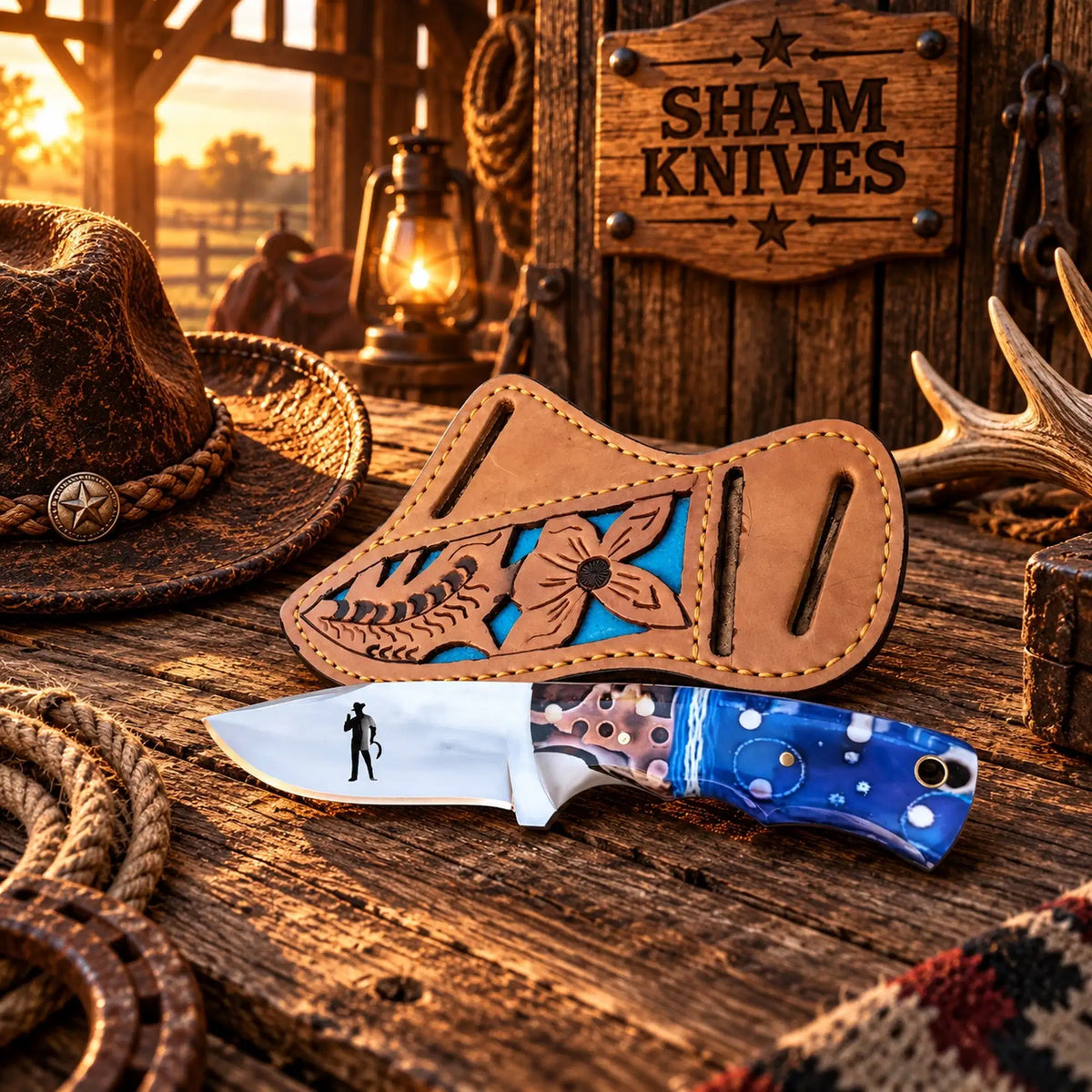 Pecos Rider D2 steel skinning knife with epoxy resin handle