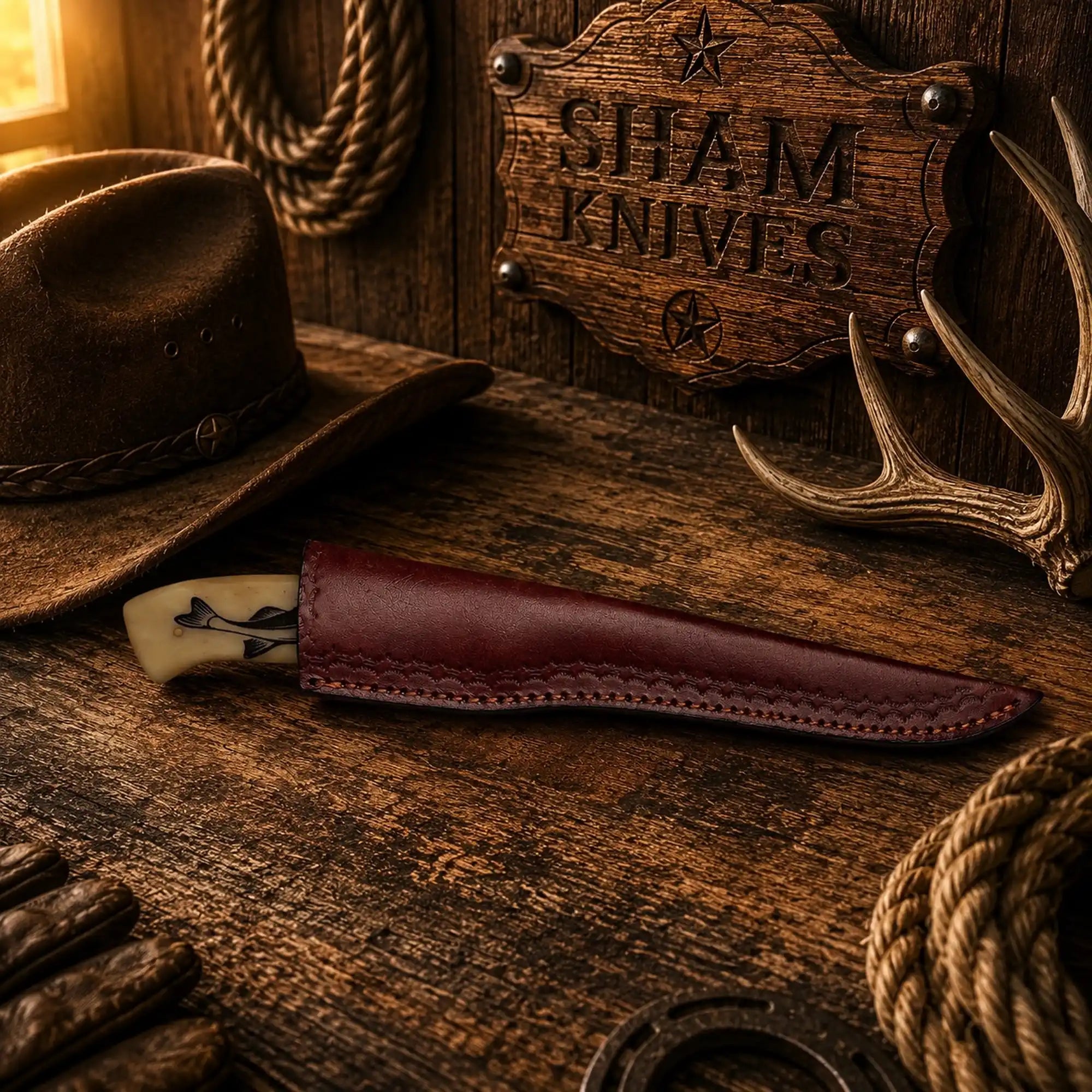 Personalized 13-inch fishing knife with a narrow patterned steel blade