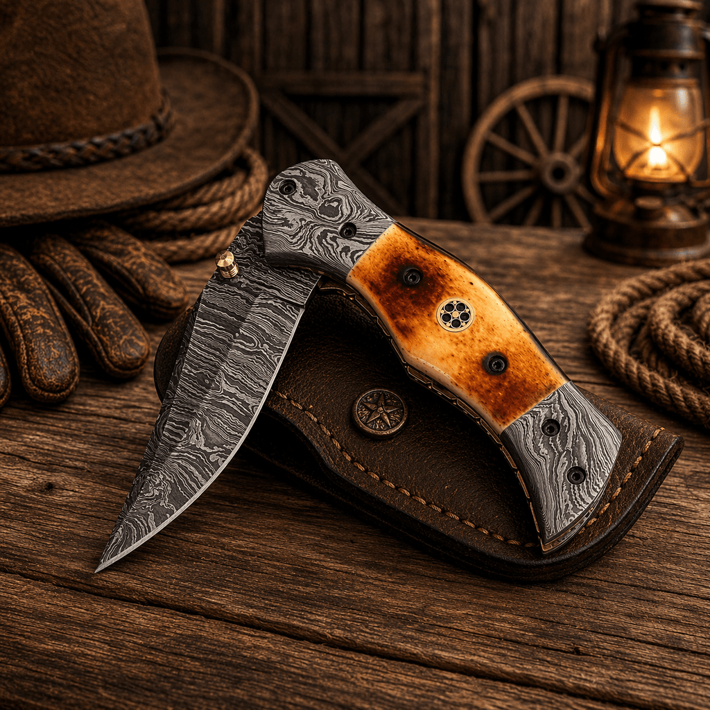 Personalized Damascus Steel Pocket Knife – 7.5” Folding Knife with Burnt Camel Bone Handle & Belt Clip - SHAM KNIVES Pocket KnifeSHAM KNIVESPersonalized Damascus Steel Pocket Knife – 7.5” Folding Knife with Burnt Camel Bone Handle & Belt Clip