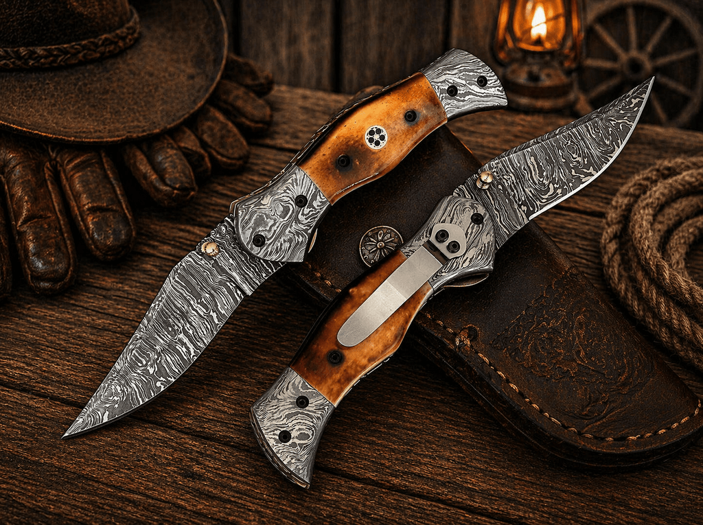 Personalized Damascus Steel Pocket Knife – 7.5” Folding Knife with Burnt Camel Bone Handle & Belt Clip - SHAM KNIVES Pocket KnifeSHAM KNIVESPersonalized Damascus Steel Pocket Knife – 7.5” Folding Knife with Burnt Camel Bone Handle & Belt Clip