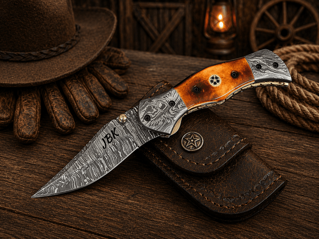 Personalized Damascus Steel Pocket Knife – 7.5” Folding Knife with Burnt Camel Bone Handle & Belt Clip - SHAM KNIVES Pocket KnifeSHAM KNIVESPersonalized Damascus Steel Pocket Knife – 7.5” Folding Knife with Burnt Camel Bone Handle & Belt Clip