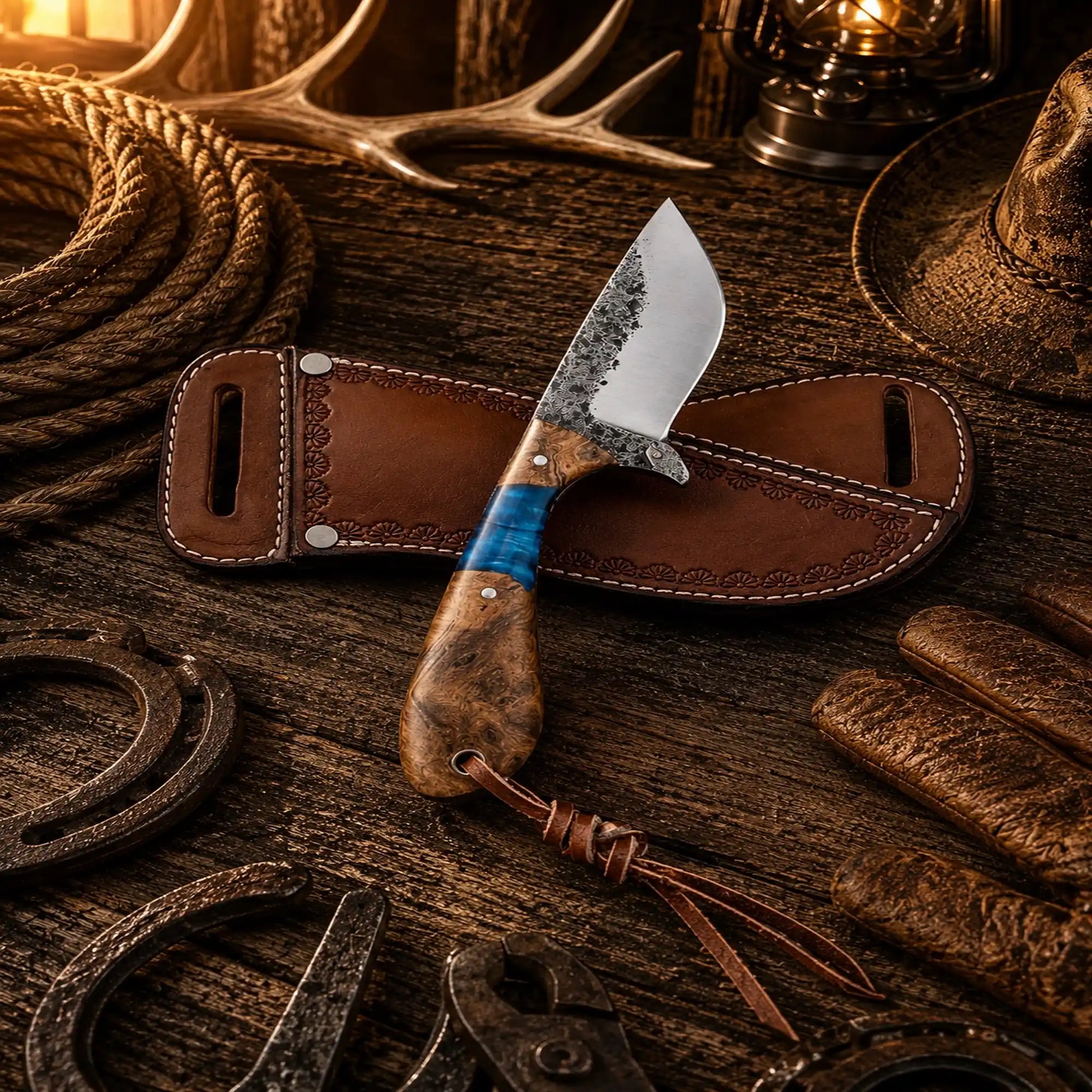 Personalized handmade skinner knife with 1095 high carbon steel blade and blue epoxy burl wood handle.