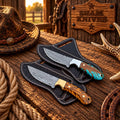 Pine cone cowboy field dressing knife pair with Damascus steel blades