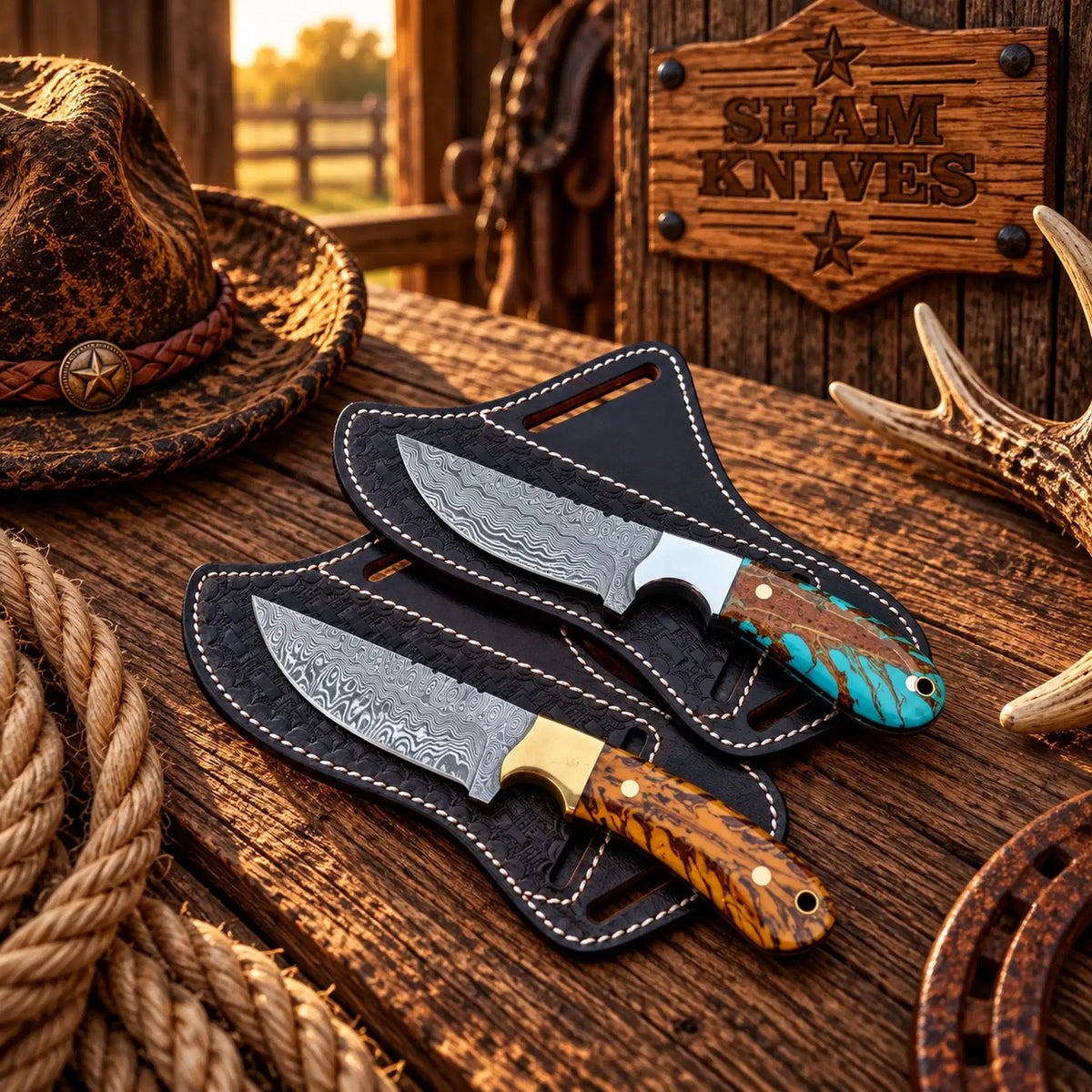 Pine cone cowboy field dressing knife pair with Damascus steel blades