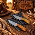 Twin pine cone cowboy skinner set with rasp and Damascus steel blades