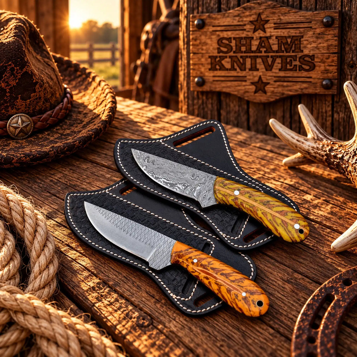 Twin pine cone cowboy skinner set with rasp and Damascus steel blades