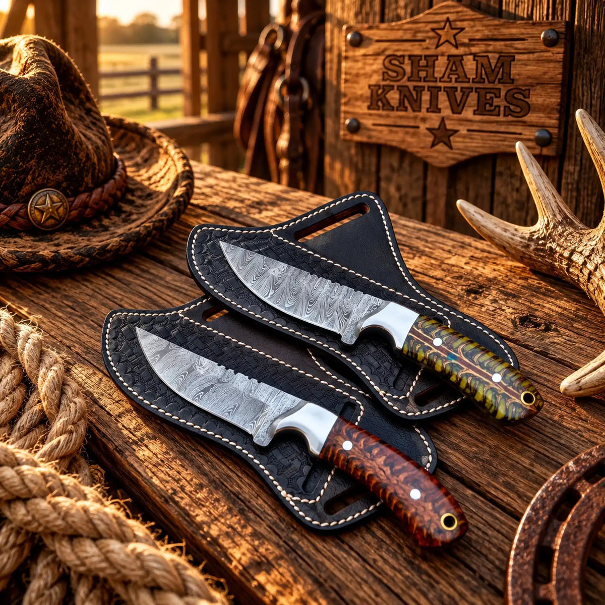 Pine Cone Ridge cowboy skinner duo with 4-inch Damascus steel blades