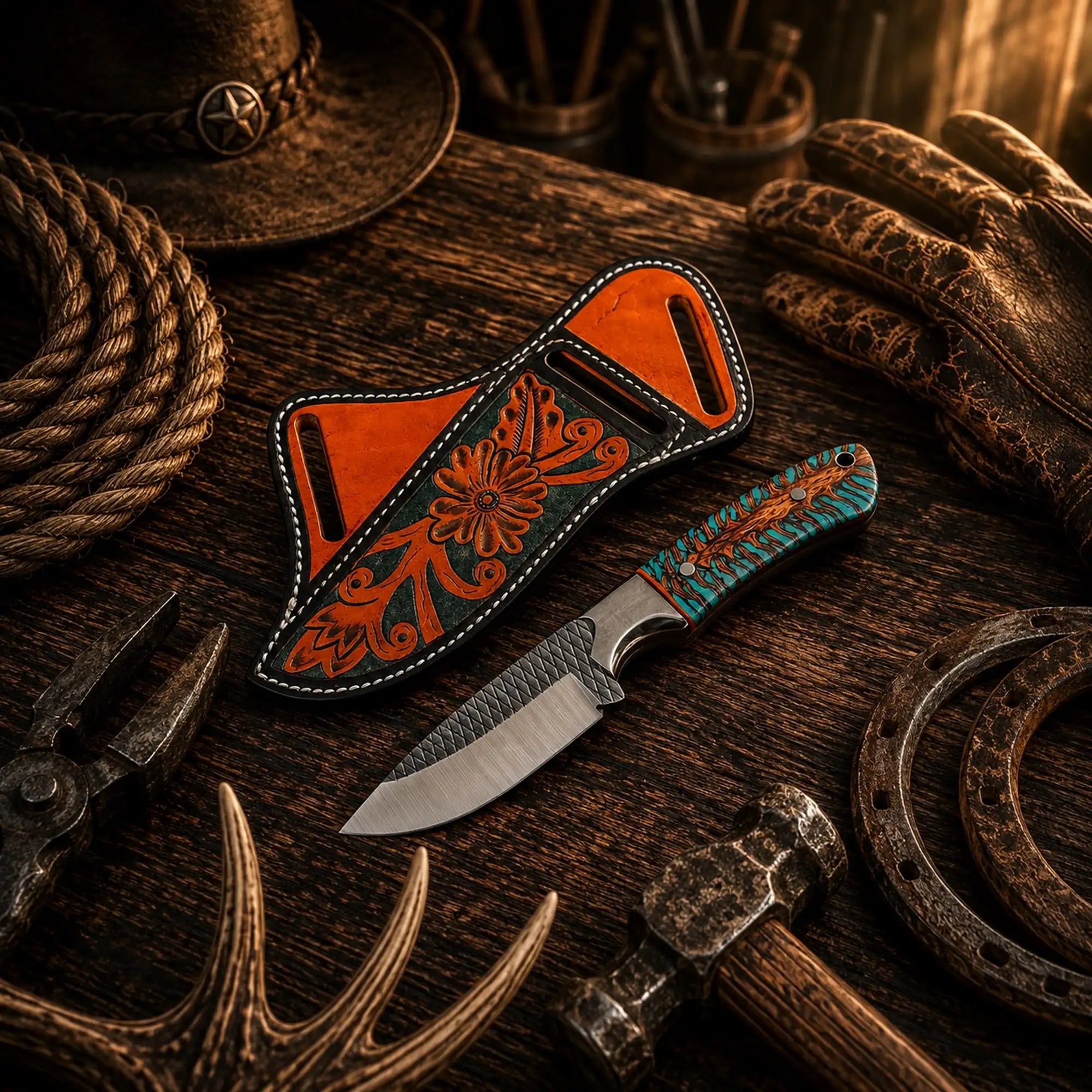 Handmade Pine Cone Trail Hunter with turquoise pine cone resin handle