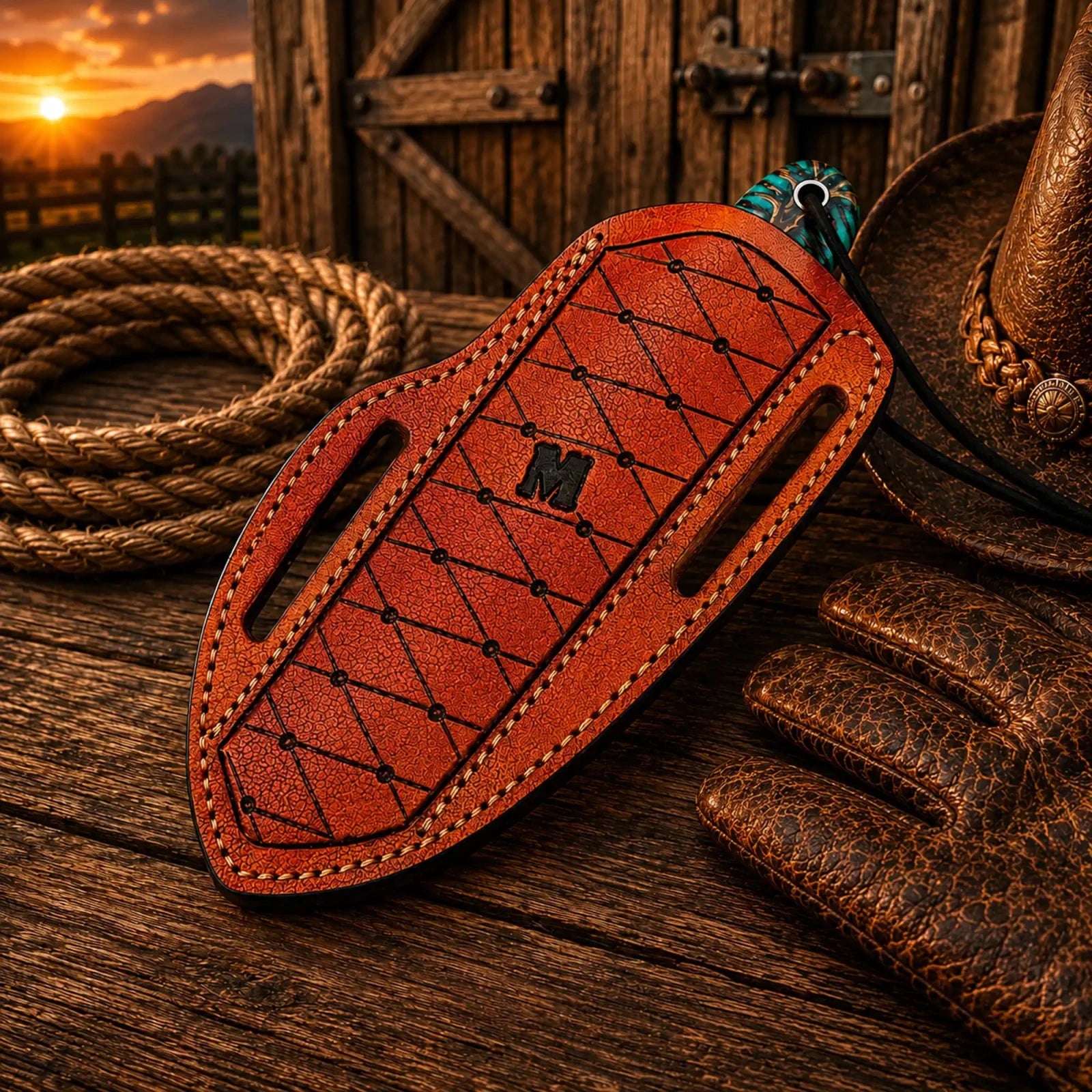 Pinecone Cowboy Working Knife – Damascus Steel 3.5" Blade - SHAM KNIVESCowboy KnifeSHAM KNIVESHandmade western belt knife for ranch work and outdoor use in Pancake Sheath