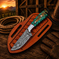Handmade pinecone cowboy working knife with Damascus steel blade and pancake sheath