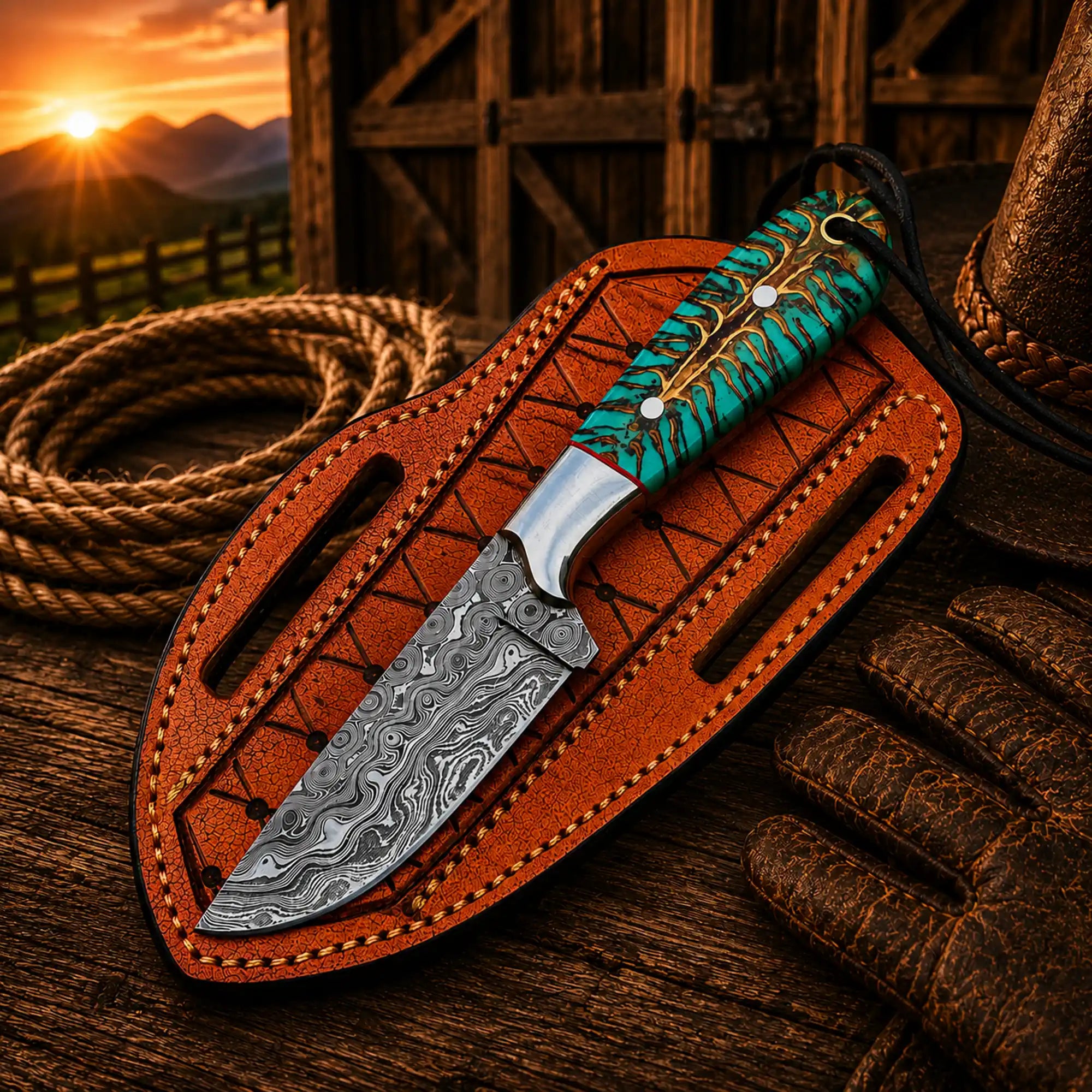 Handmade pinecone cowboy working knife with Damascus steel blade and pancake sheath