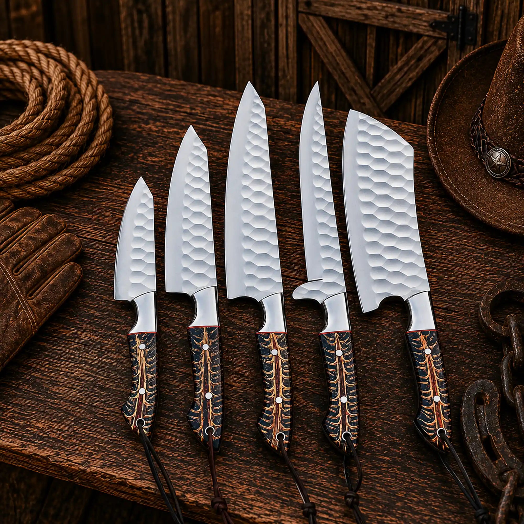 cowboy kitchen knife set with pinecone handles and steel bolsters.