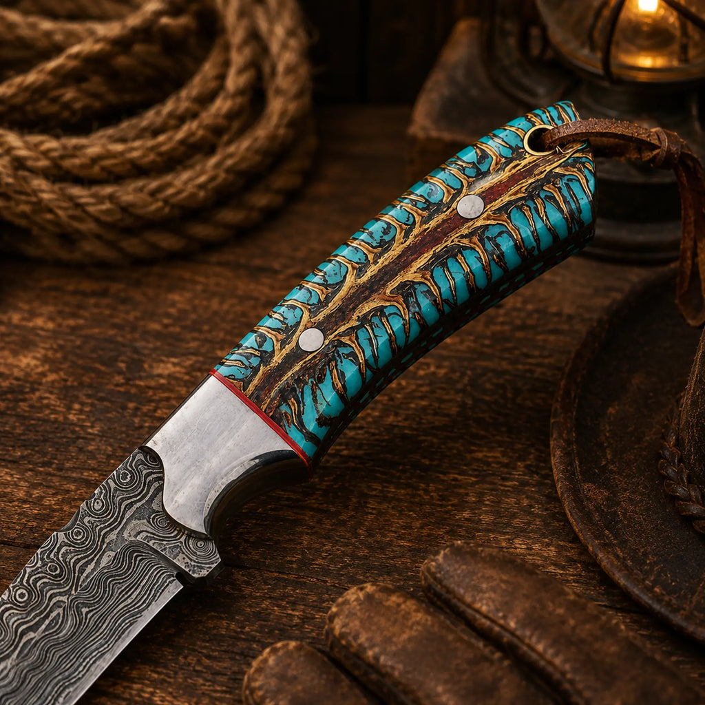 Close-up of handmade Damascus steel western hunting knife