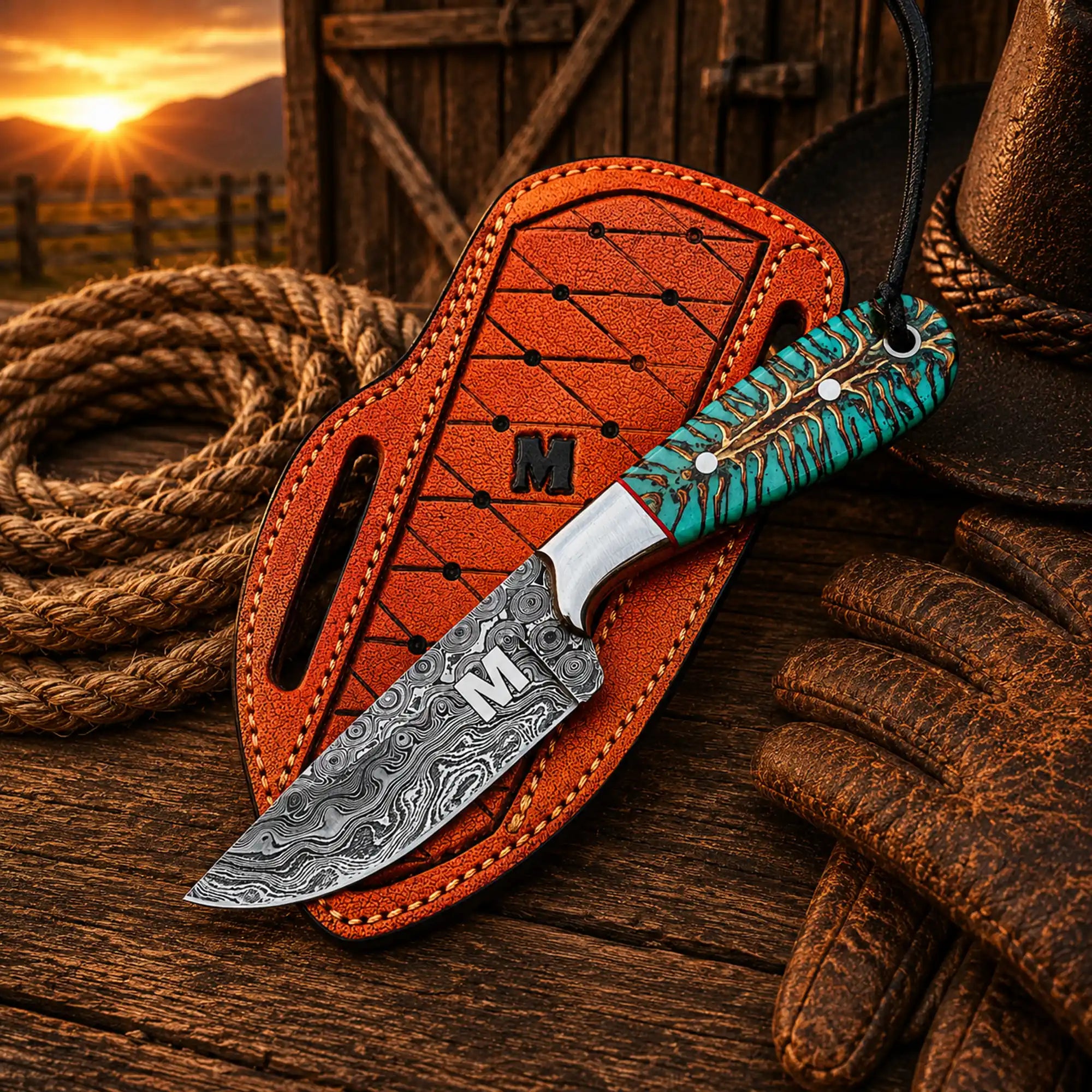 Pinecone resin handle Damascus knife with handmade leather pancake sheath