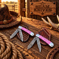  Pink stone-style Damascus trapper folding knife set with two blades