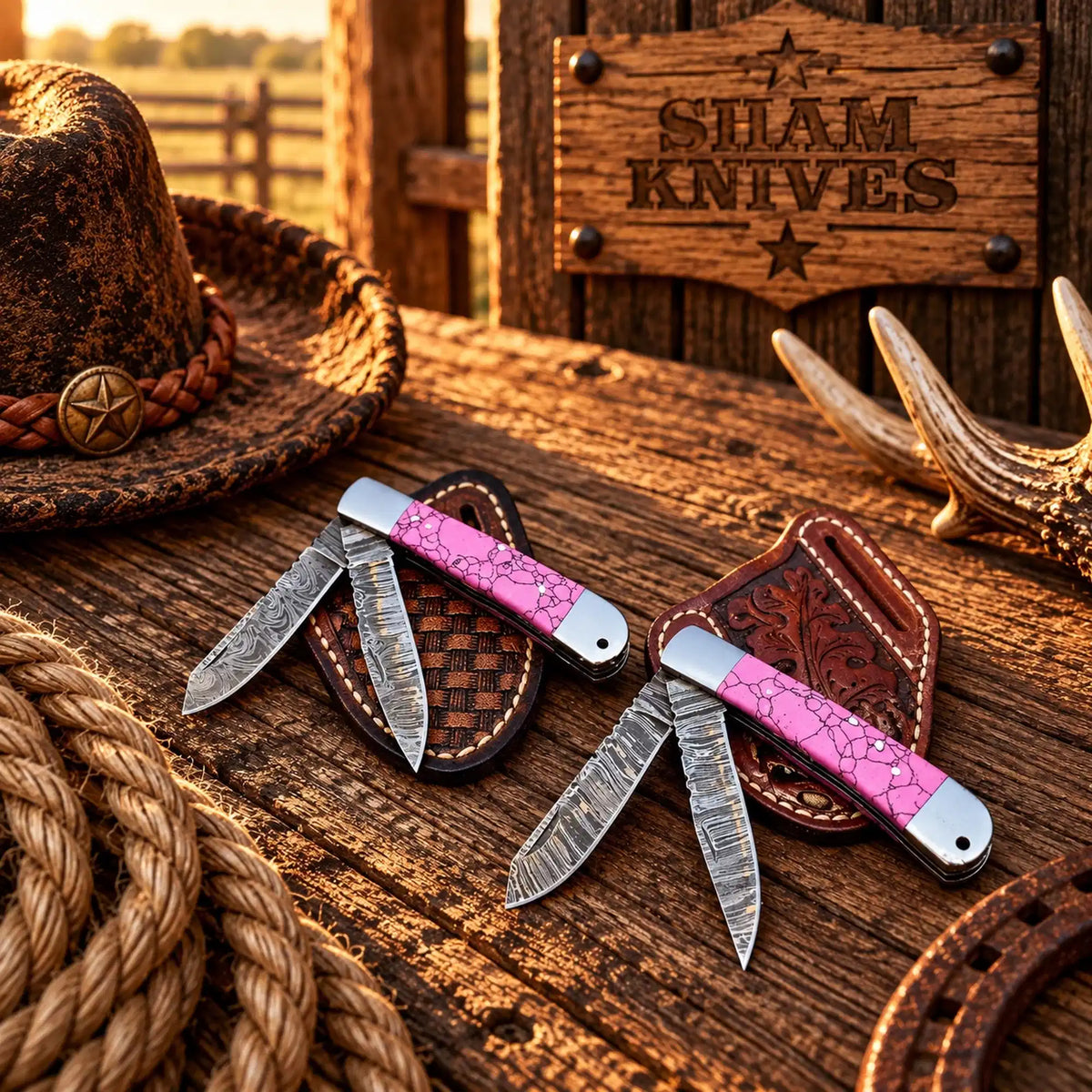  Pink stone-style Damascus trapper folding knife set with two blades