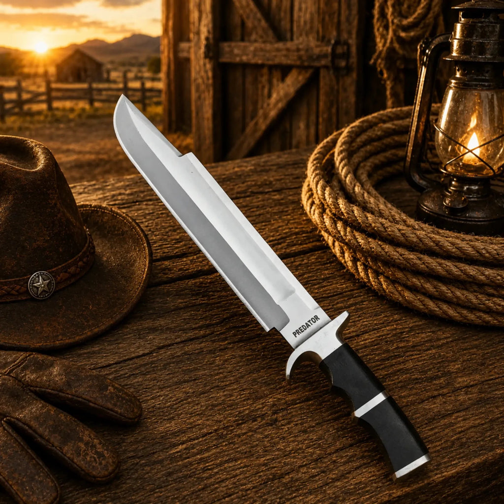 Predator Bowie Knife 5160 Spring Steel with Leather Sheath - SHAM KNIVESBowie knifeSHAM KNIVESPredator Bowie Knife replica with leather sheath on rustic table