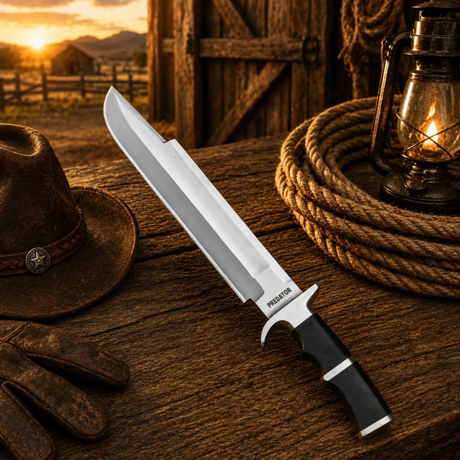 Predator Bowie Knife 5160 Spring Steel with Leather Sheath - SHAM KNIVESBowie knifeSHAM KNIVESPredator Bowie Knife replica with leather sheath on rustic table