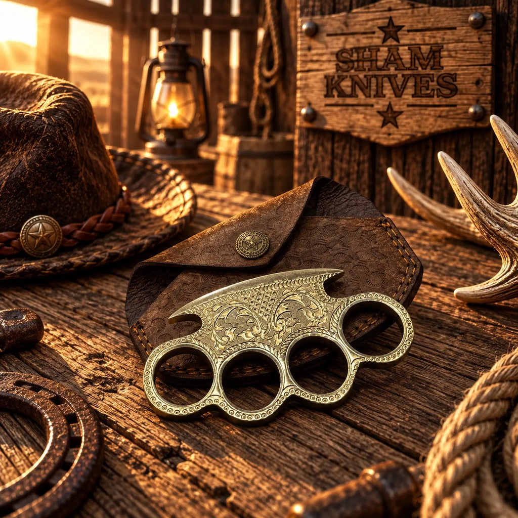 Premium engraved brass knuckle cowboy collectible gift by SHAM KNIVES