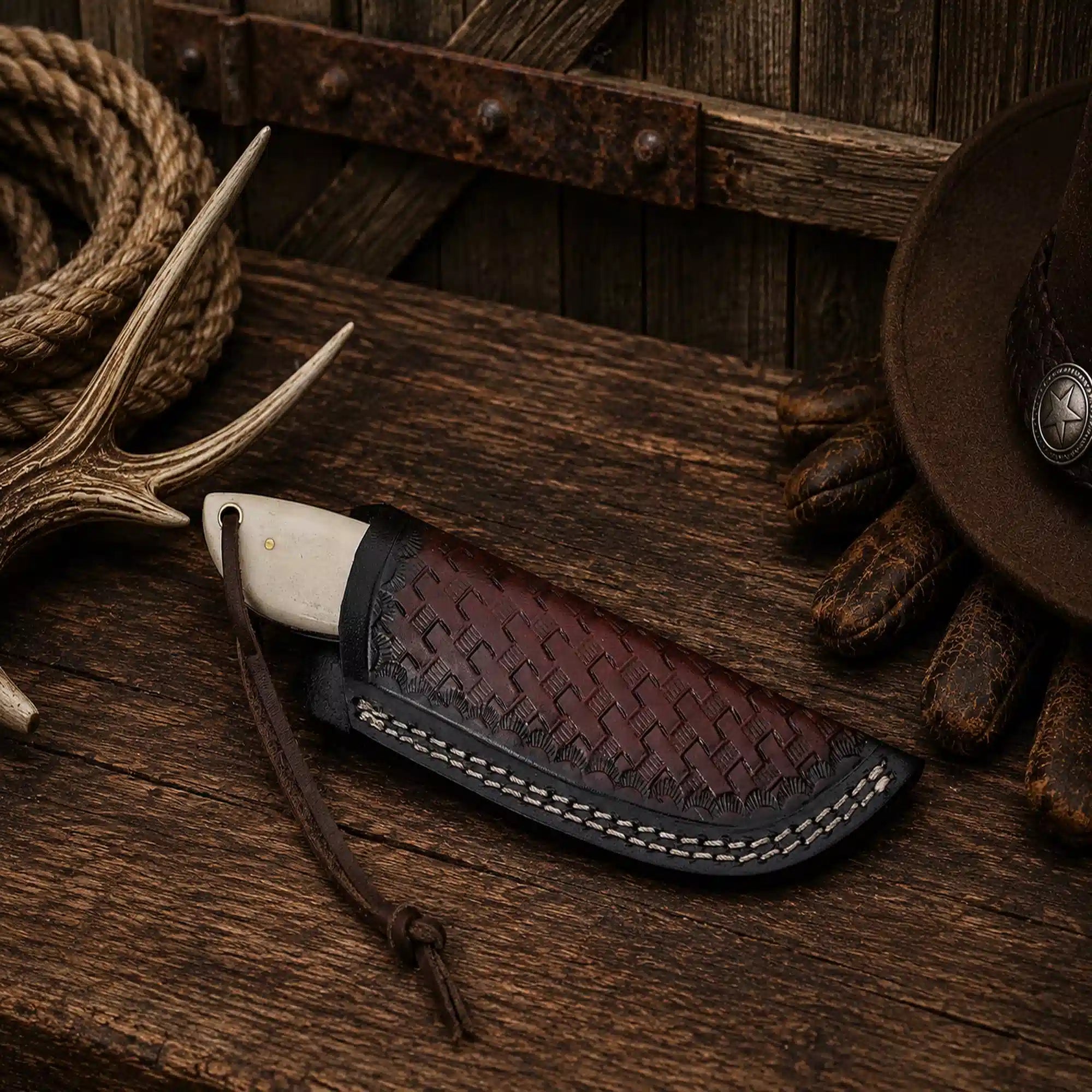 Custom handcrafted Rasp Steel outdoor knife with razor-sharp blade, camel bone handle, and premium stitched leather belt sheath.