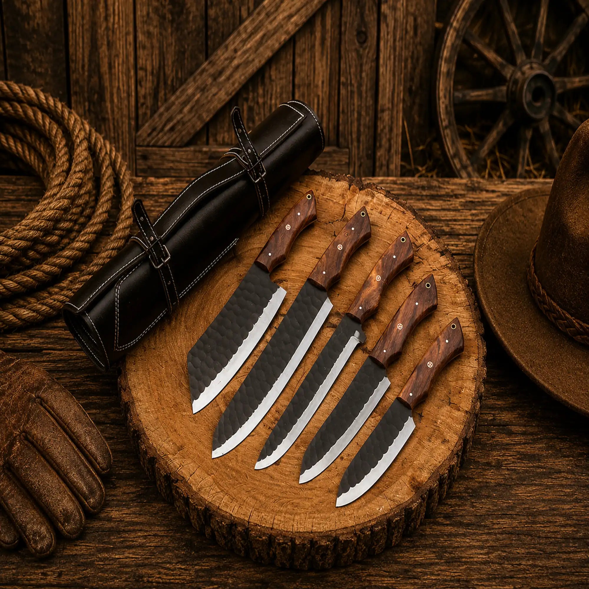 Premium carbon steel kitchen knives with wood handles