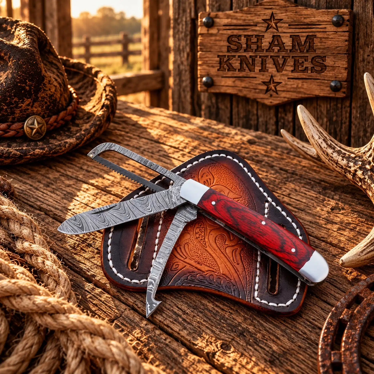  Premium cowboy Damascus multi-tool trapper folding knife