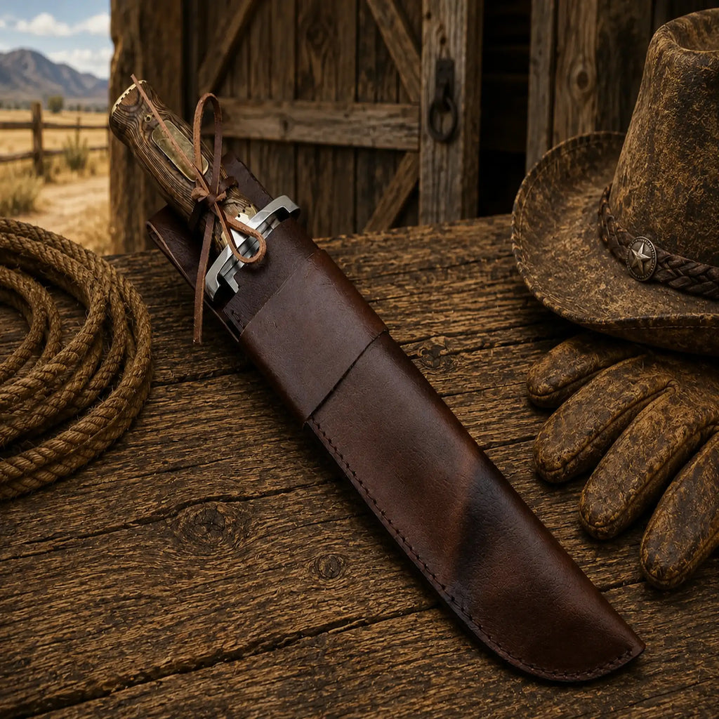Collector Iron Mistress Bowie knife in rustic barn background
