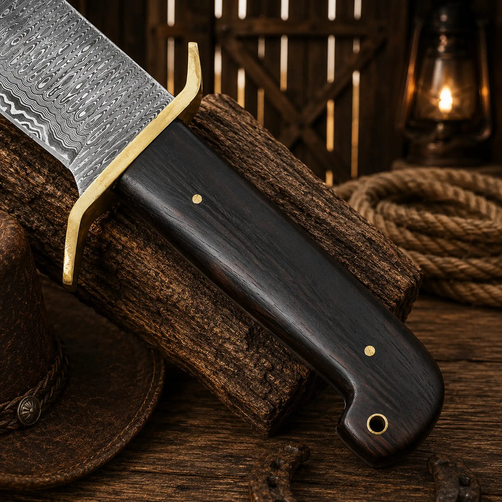 Premium Western hunting Bowie knife on rustic wooden background wenge wood handle close-up
