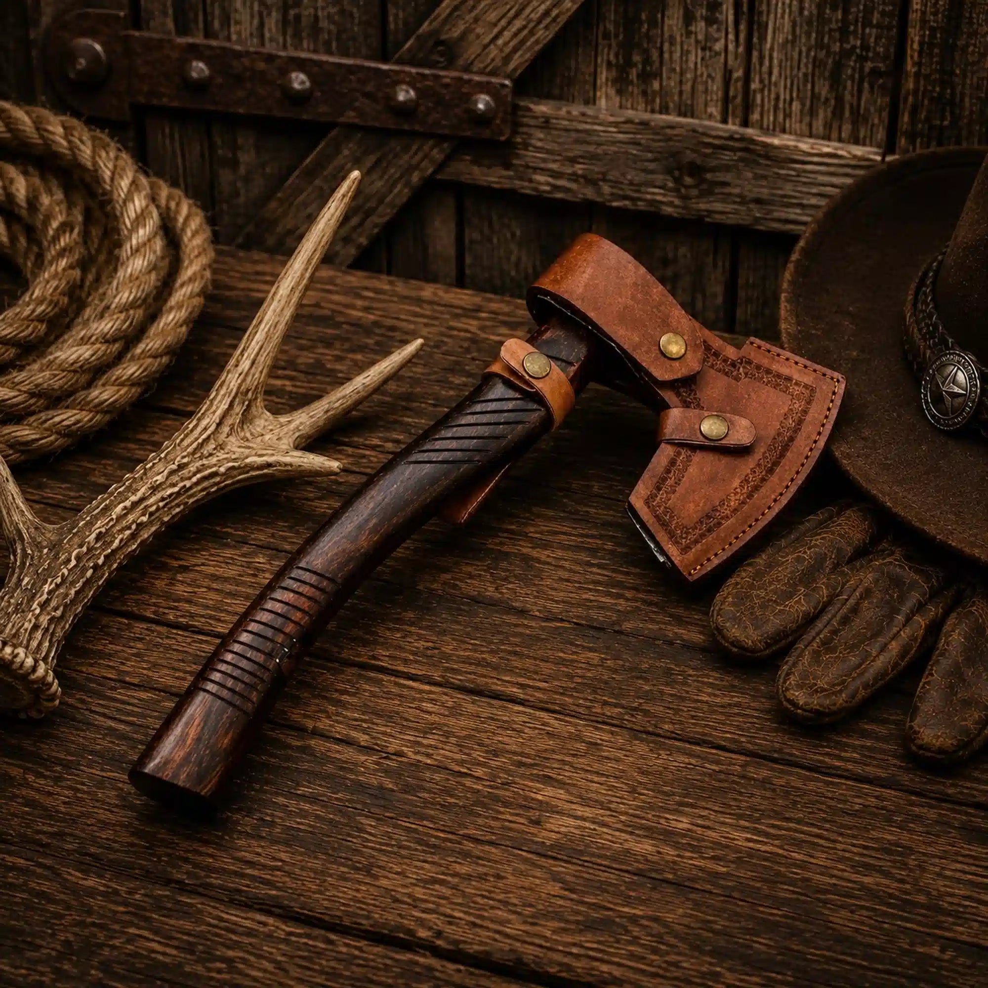 Outdoor Damascus tomahawk with genuine leather sheath