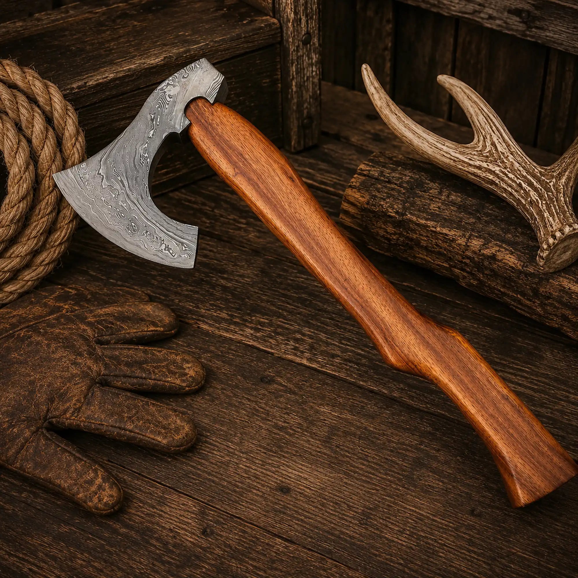 Handmade forged Damascus tomahawk with genuine leather sheath and hardwood handle.