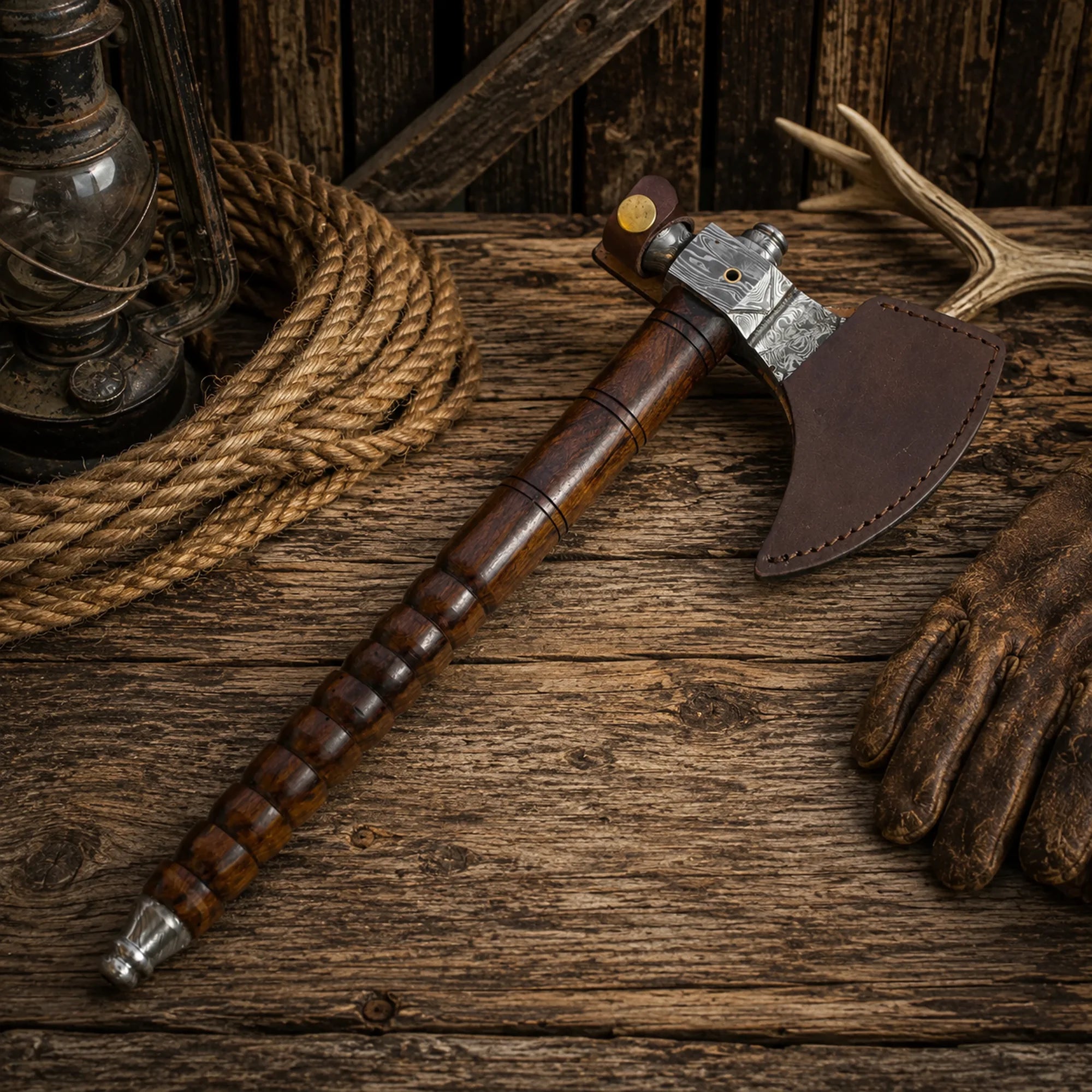 Premium Damascus tomahawk with handcrafted hardwood handle for camping and collecting.