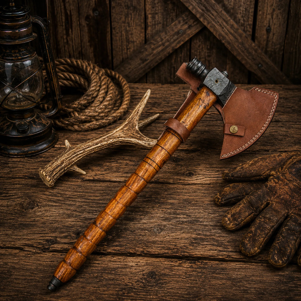 Premium Damascus steel pipe axe with handcrafted wooden handle and genuine leather sheath.