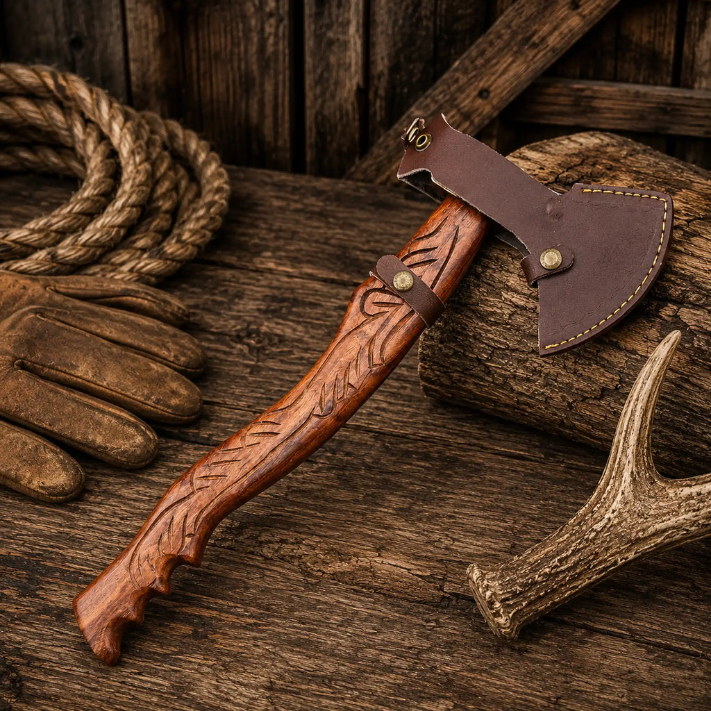 Premium Damascus bushcraft axe with carved hardwood handle and leather sheath.