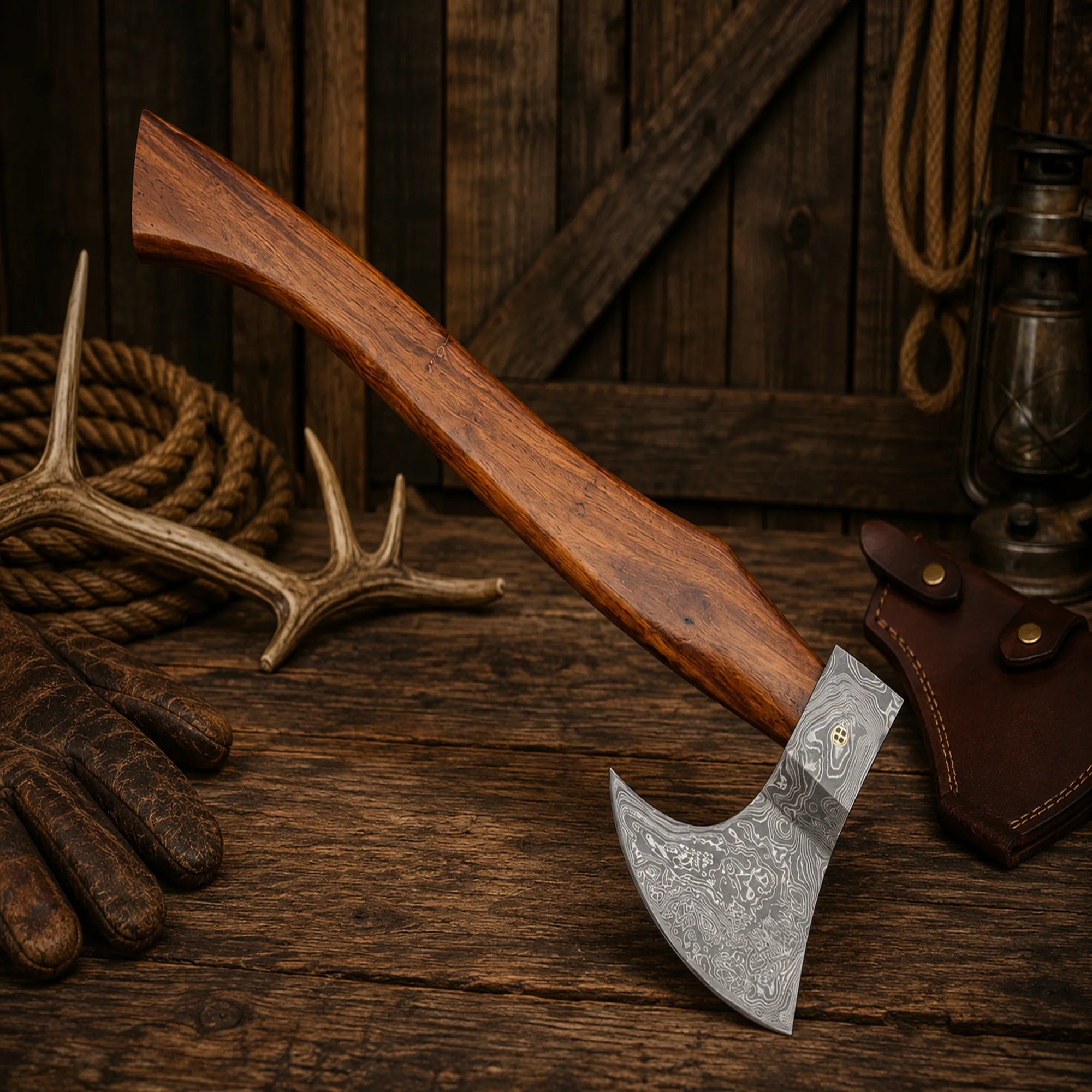 Premium Viking style Damascus axe with handcrafted leather sheath for camping and collecting.